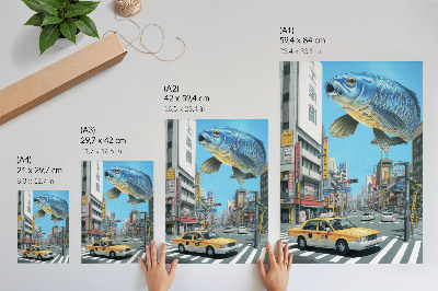 Plakat z teksturą płótna Surrealizm miejski ryba nowoczesna ulica