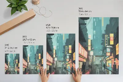 Plakat ścienny miejska sceneria nocna w stylu retro-futurystycznym z neonami