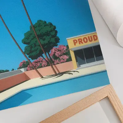 Plakat z teksturą płótna Błękitne niebo palmy basen nowoczesny styl nowoczesny plakat z motywem błękitnego nieba palm i basenu o teksturze płótna