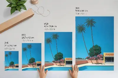Plakat z teksturą płótna Błękitne niebo palmy basen nowoczesny styl nowoczesny plakat z motywem błękitnego nieba palm i basenu o teksturze płótna