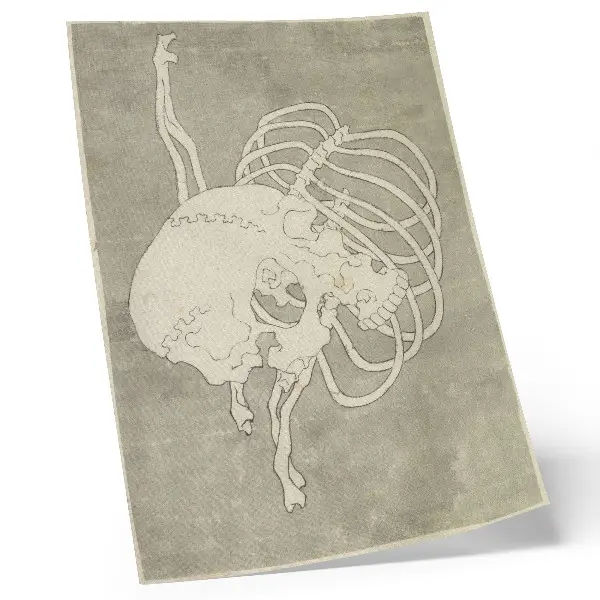 Nowoczesna grafika na płótnie przedstawiająca czaszkę Hokusaia z żebrami i makabryczną klatką piersiową z kolekcji Rijksmuseum