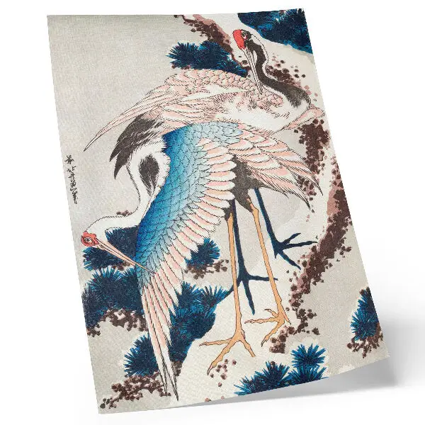 Plakat ścienny Żurawie na ośnieżonym drzewie drzeworyt vintage autorstwa Katsushiki Hokusai z 1834 roku