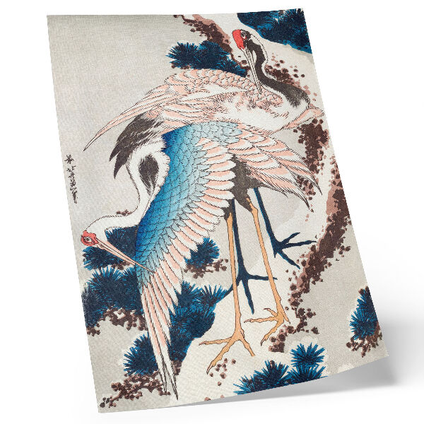 Plakat ścienny Żurawie na ośnieżonym drzewie Katsushiki Hokusai (1834), drzeworyt vintage