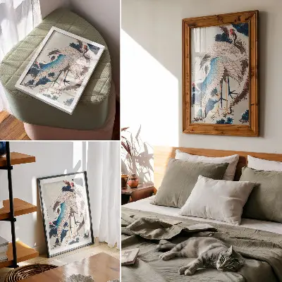 Plakat ścienny Żurawie na ośnieżonym drzewie drzeworyt vintage autorstwa Katsushiki Hokusai z 1834 roku