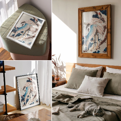Plakat ścienny Żurawie na ośnieżonym drzewie Katsushiki Hokusai (1834), drzeworyt vintage