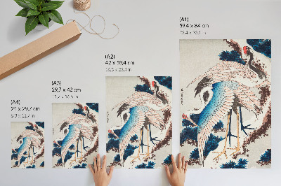 Plakat ścienny Żurawie na ośnieżonym drzewie Katsushiki Hokusai (1834), drzeworyt vintage