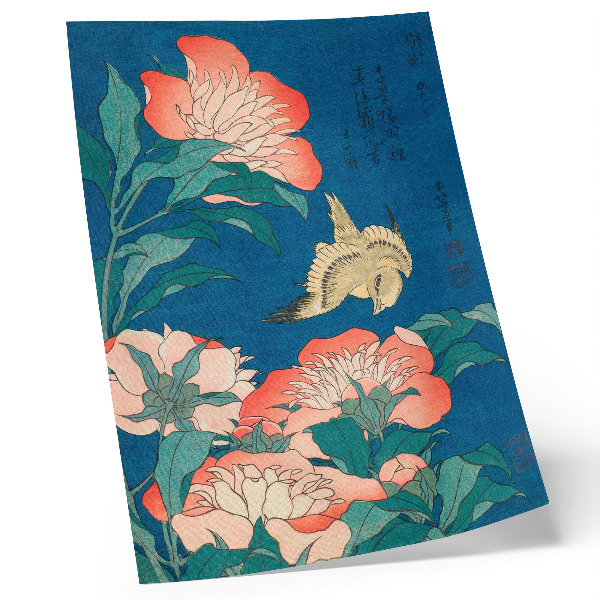 Plakat ścienny Piwonie i kanarek Katsushiki Hokusai (1834) – drzeworyt vintage