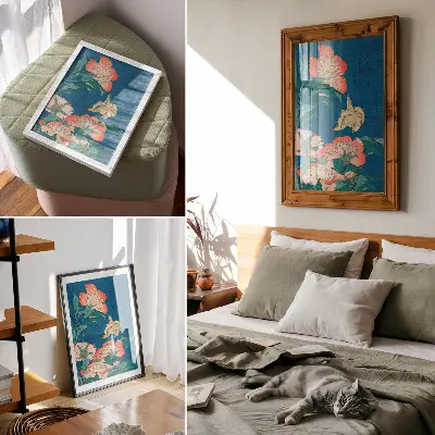 Plakat ścienny Piwonie i kanarek Katsushiki Hokusai drzeworyt vintage z 1834 roku