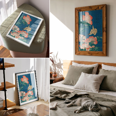 Plakat ścienny Piwonie i kanarek Katsushiki Hokusai (1834) – drzeworyt vintage