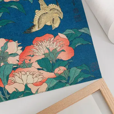 Plakat ścienny Piwonie i kanarek Katsushiki Hokusai drzeworyt vintage z 1834 roku