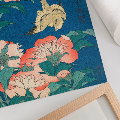 Plakat ścienny Piwonie i kanarek Katsushiki Hokusai (1834) – drzeworyt vintage
