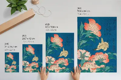 Plakat ścienny Piwonie i kanarek Katsushiki Hokusai drzeworyt vintage z 1834 roku