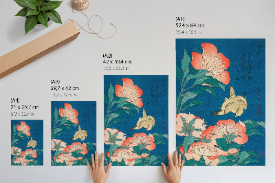 Plakat ścienny Piwonie i kanarek Katsushiki Hokusai (1834) – drzeworyt vintage