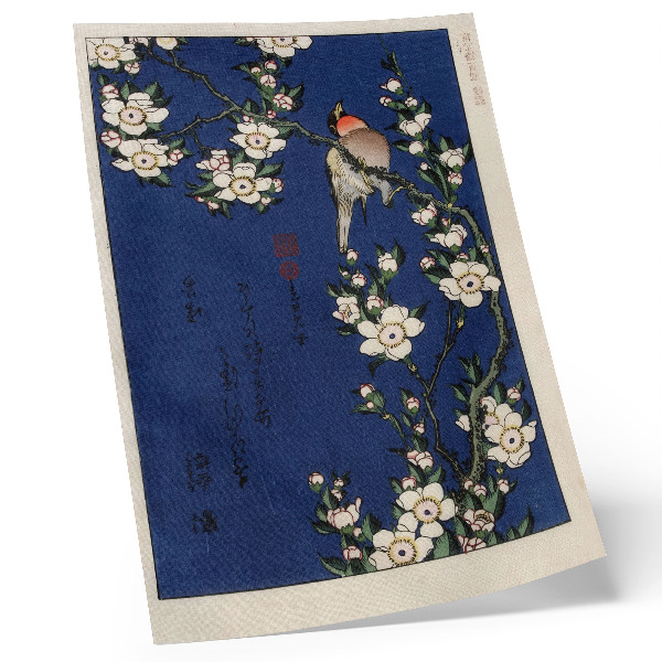 Plakat z teksturą płótna Katsushika Hokusai (1760-1849), Robin na gałęzi kwiatu wiśni