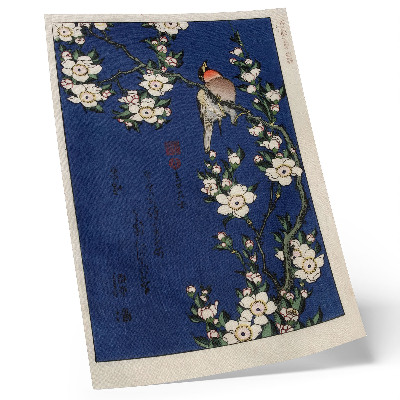 Plakat z teksturą płótna Katsushika Hokusai (1760-1849), Robin na gałęzi kwiatu wiśni