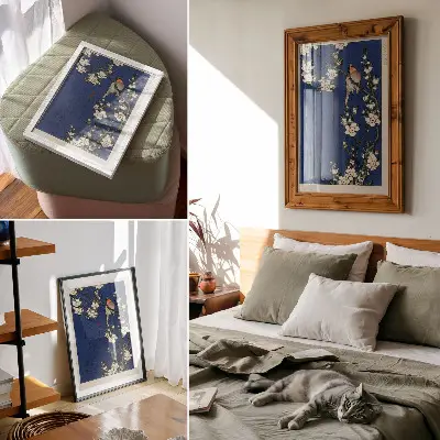 Plakat z teksturą płótna Katsushika Hokusai (1760-1849) Robin na gałęzi kwiatu wiśni z teksturą płótna