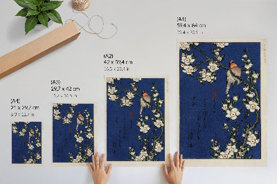Plakat z teksturą płótna Katsushika Hokusai (1760-1849), Robin na gałęzi kwiatu wiśni