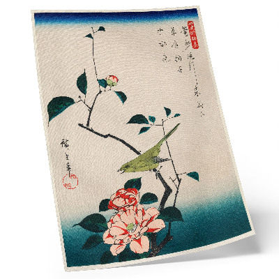 Plakat z teksturą płótna Ilustracja ukiyo-e Camellia and Nightingale autorstwa Utagawy Hiroshige (1797-1858), tradycyjny portret eleganckiego kamelii