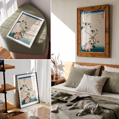 Plakat z teksturą płótna Ilustracja ukiyo-e Camellia and Nightingale autorstwa Utagawy Hiroshige (1797-1858), tradycyjny portret eleganckiego kamelii