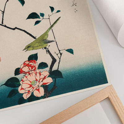 Plakat z teksturą płótna Ilustracja ukiyo-e Camellia and Nightingale autorstwa Utagawy Hiroshige (1797-1858), tradycyjny portret eleganckiego kamelii