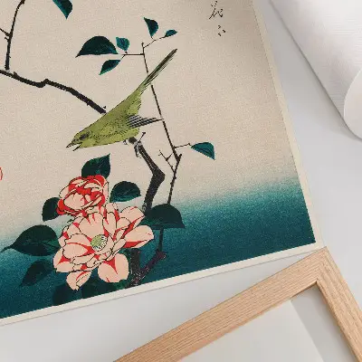 Ilustracja Ukyio-e Kamelia i słowik autorstwa Utagawy Hiroshige plakat z teksturą płótna