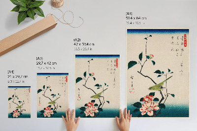 Plakat z teksturą płótna Ilustracja ukiyo-e Camellia and Nightingale autorstwa Utagawy Hiroshige (1797-1858), tradycyjny portret eleganckiego kamelii