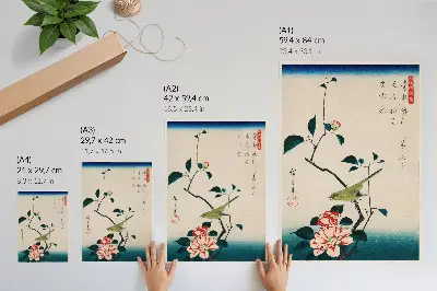 Ilustracja Ukyio-e Kamelia i słowik autorstwa Utagawy Hiroshige plakat z teksturą płótna