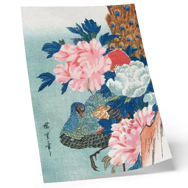 Plakat z teksturą płótna Paw i piwonie japoński drzeworyt vintage autorstwa Utagawy Hiroshige
