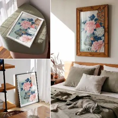 Plakat z teksturą płótna Paw i piwonie japoński drzeworyt vintage autorstwa Utagawy Hiroshige