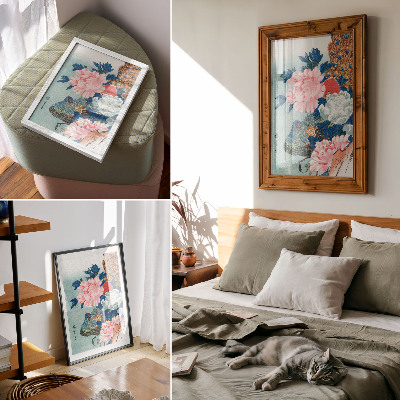 Plakat z teksturą płótna Paw i piwonie, japoński drzeworyt vintage autorstwa Utagawy Hiroshige