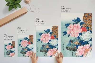 Plakat z teksturą płótna Paw i piwonie japoński drzeworyt vintage autorstwa Utagawy Hiroshige