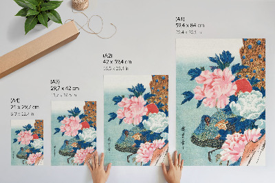 Plakat z teksturą płótna Paw i piwonie, japoński drzeworyt vintage autorstwa Utagawy Hiroshige