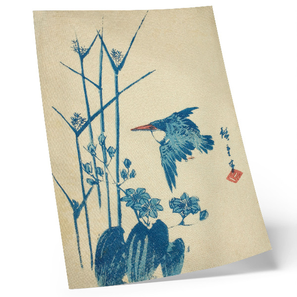 Plakat z teksturą płótna Zimorodek i monochoria – Utagawa Hiroshige