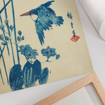 Plakat z teksturą płótna Zimorodek i monochoria – Utagawa Hiroshige