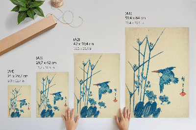 Plakat z teksturą płótna Zimorodek i monochoria – Utagawa Hiroshige