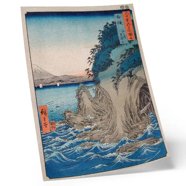 Plakat ścienny z grafiką przedstawiającą wejście do jaskini na wyspie Enoshima w prowincji Sagami nr 15 autorstwa Utagawy Hiroshige