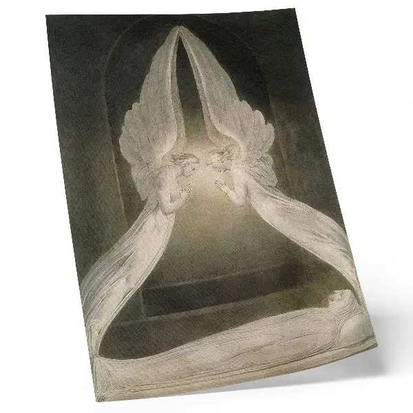 Plakat ścienny akwarela Chrystus w grobie, strzeżony przez aniołów autorstwa Williama Blake'a z 1805 roku