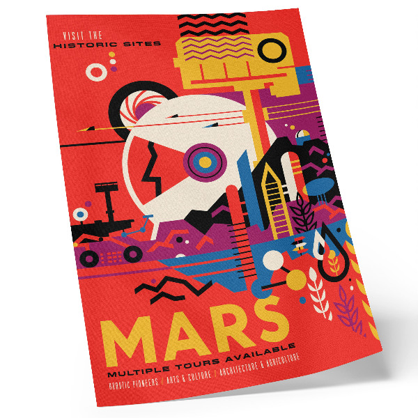 Plakat z teksturą płótna Plakat promujący fikcyjną podróż kosmiczną na planetę Mars