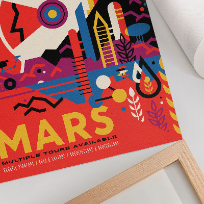 Plakat z teksturą płótna Plakat promujący fikcyjną podróż kosmiczną na planetę Mars