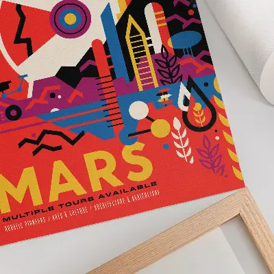 Plakat promujący fikcyjną podróż kosmiczną na planetę Mars z teksturą płótna