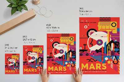 Plakat z teksturą płótna Plakat promujący fikcyjną podróż kosmiczną na planetę Mars