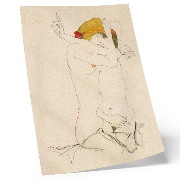 Plakat ścienny Dwie obejmujące się kobiety (1913) Egona Schielego kobiece rysunki liniowe z kolekcji muzeum The MET