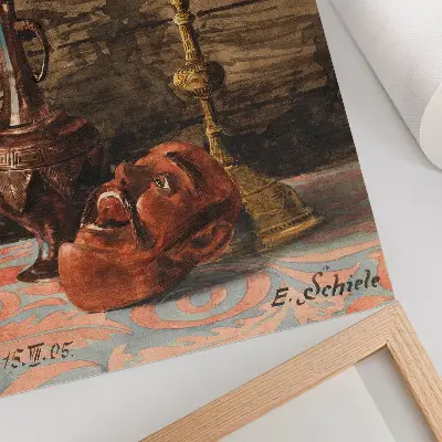 Martwa natura ze świecznikiem, wazonem i maską autorstwa Egona Schielego plakat z teksturą płótna