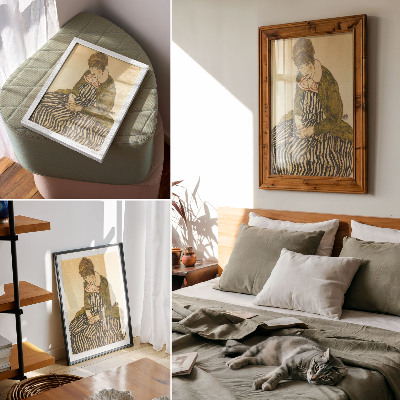Plakat z teksturą płótna Portret Edith Schiele w sukni w paski (1915) autorstwa Egona Schielego