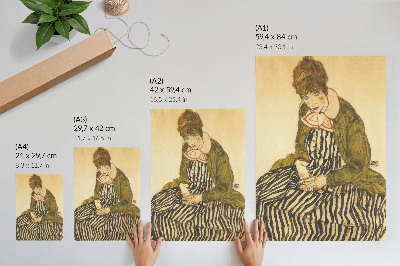 Plakat z teksturą płótna Portret Edith Schiele w sukni w paski (1915) autorstwa Egona Schielego