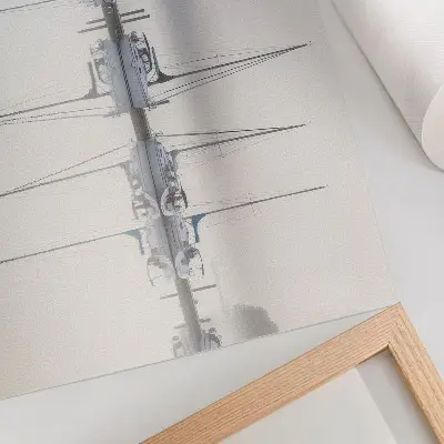 Grafika na ścianę mglista marina ze spokojnymi jachtami i ich odbiciem