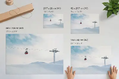 Nowoczesny plakat dekoracyjny góry z kolejką linową na tle nieba o dynamicznym kontraście kolorów