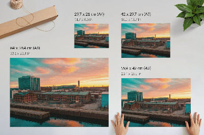 Plakat do salonu Industrialne budynki zachód słońca spokojna atmosfera