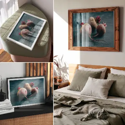 Plakat do salonu trzy buraki w minimalistycznym stylu podkreślające surowe piękno natury