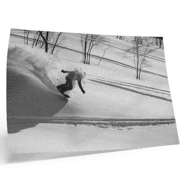 Plakat Snowboardzista w akcji śnieg drzewa kontrasty